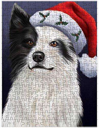 Christmas Border Collies Dog Holiday Portrait with Santa Hat Puzzle with Photo Tin