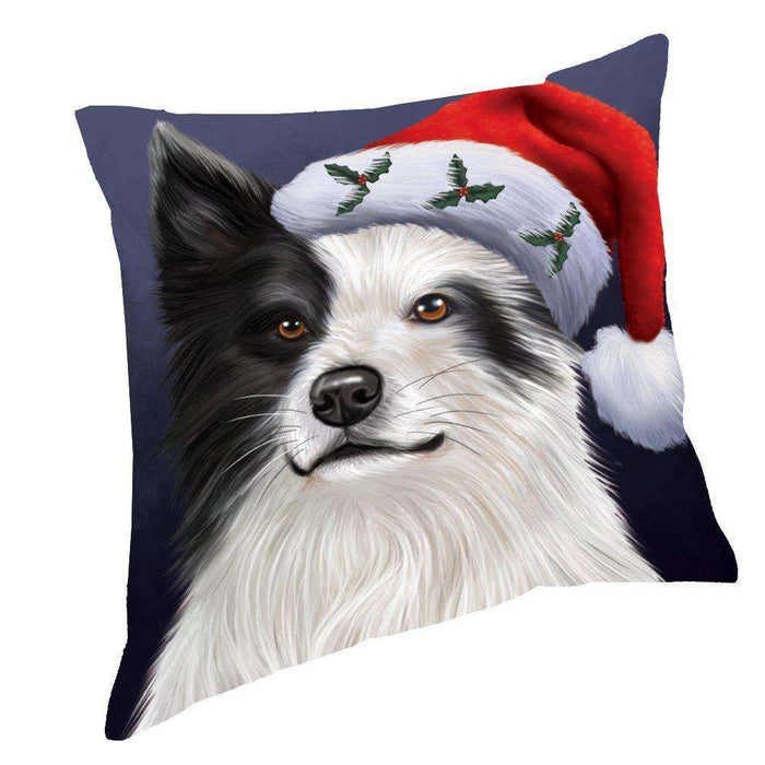 Christmas Border Collies Dog Holiday Portrait with Santa Hat Throw Pillow