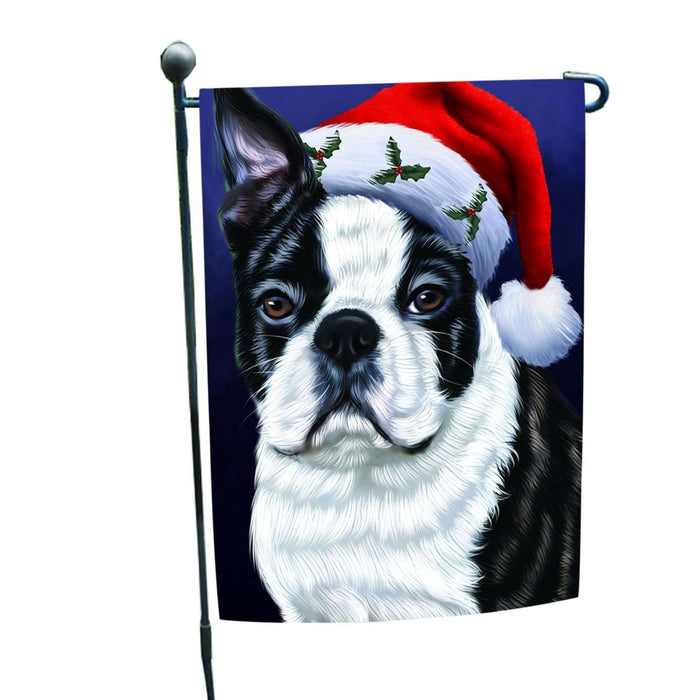 Christmas Boston Dog Holiday Portrait with Santa Hat Garden Flag