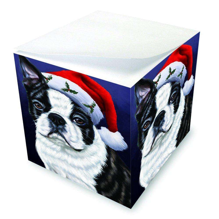 Christmas Boston Dog Holiday Portrait with Santa Hat Note Cube D019