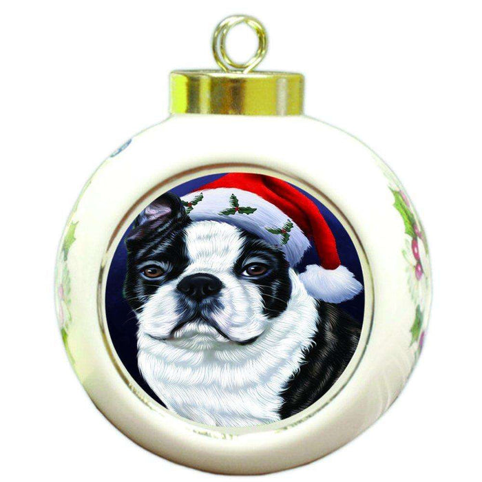 Christmas Boston Dog Holiday Portrait with Santa Hat Round Ball Ornament D023