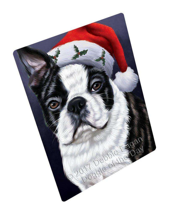Christmas Boston Dog Holiday Portrait with Santa Hat Tempered Cutting Board