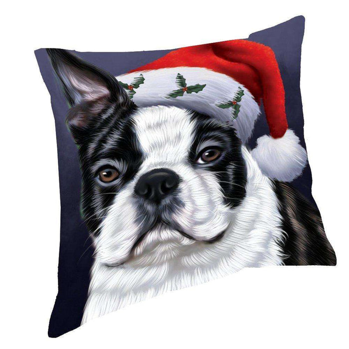 Christmas Boston Dog Holiday Portrait with Santa Hat Throw Pillow
