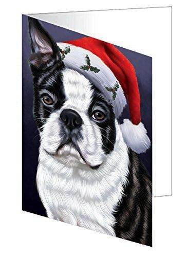 Christmas Boston Terriers Dog Holiday Portrait with Santa Hat Handmade Artwork Assorted Pets Greeting Cards and Note Cards with Envelopes for All Occasions and Holiday Seasons