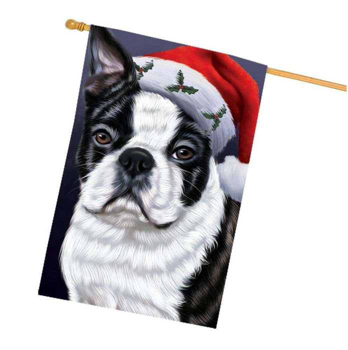 Christmas Boston Terriers Dog Holiday Portrait with Santa Hat House Flag