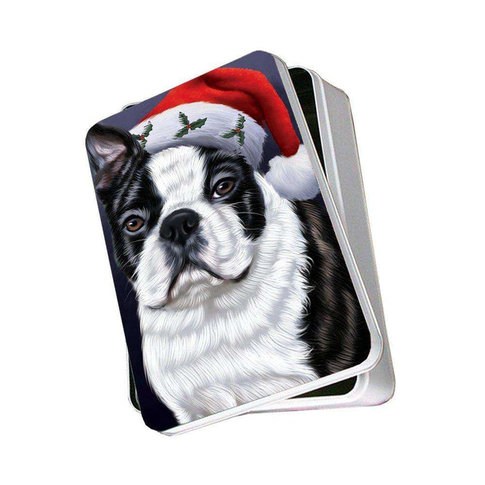 Christmas Boston Terriers Dog Holiday Portrait with Santa Hat Photo Storage Tin