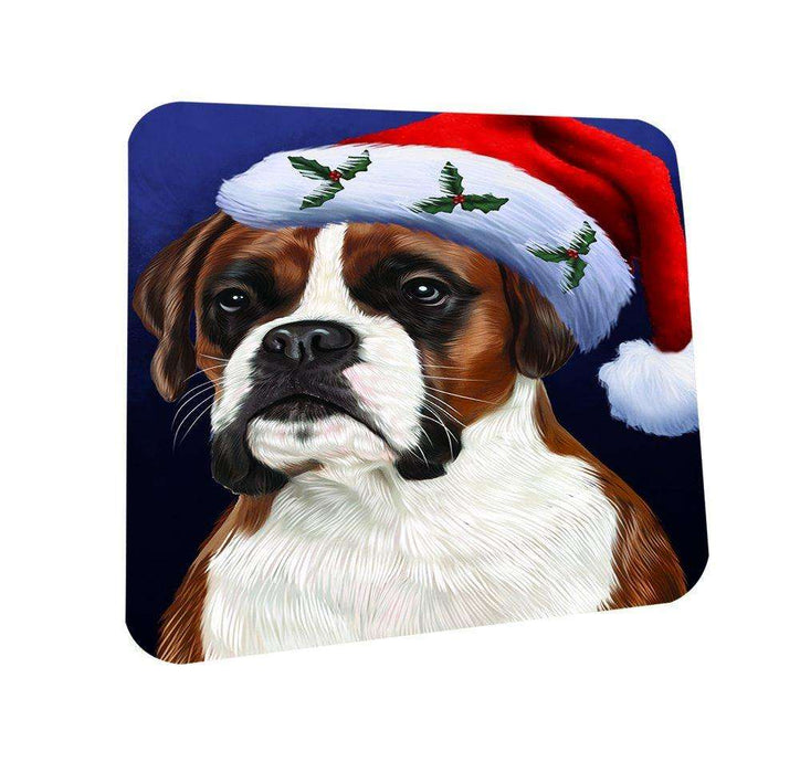 Christmas Boxers Dog Holiday Portrait with Santa Hat Coasters Set of 4