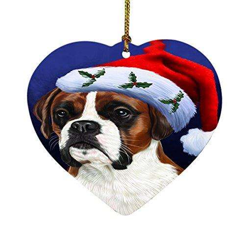 Christmas Boxers Dog Holiday Portrait with Santa Hat Heart Ornament D024
