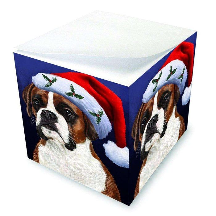 Christmas Boxers Dog Holiday Portrait with Santa Hat Note Cube D020
