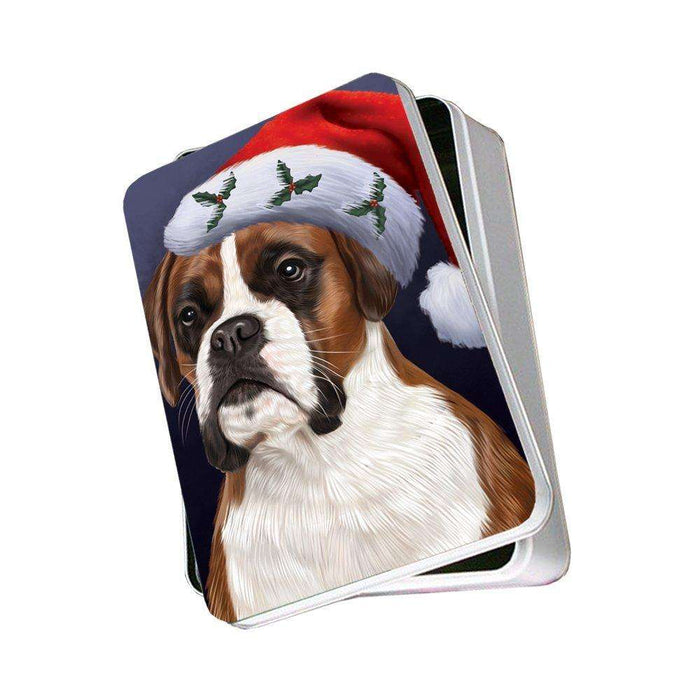 Christmas Boxers Dog Holiday Portrait with Santa Hat Photo Storage Tin