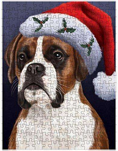 Christmas Boxers Dog Holiday Portrait with Santa Hat Puzzle with Photo Tin