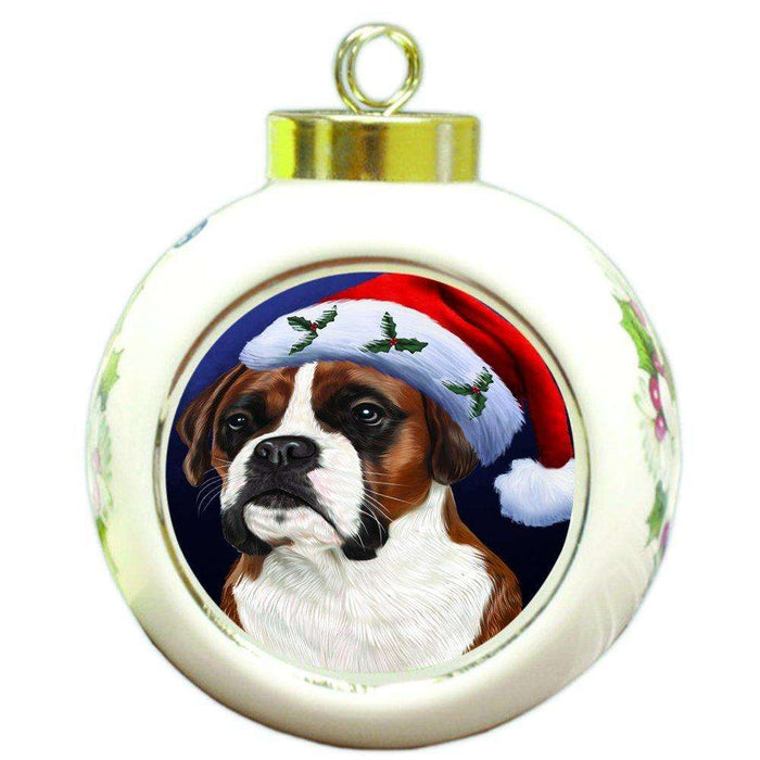 Christmas Boxers Dog Holiday Portrait with Santa Hat Round Ball Ornament D024