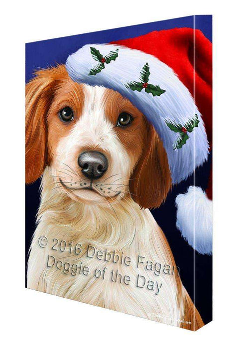 Christmas Brittany Spaniel Dog Holiday Portrait with Santa Hat Canvas Wall Art