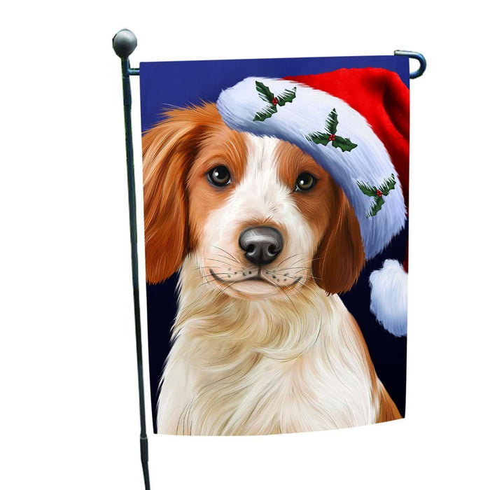 Christmas Brittany Spaniel Dog Holiday Portrait with Santa Hat Garden Flag