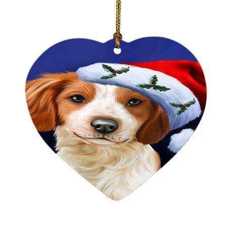 Christmas Brittany Spaniel Dog Holiday Portrait with Santa Hat Heart Ornament D008