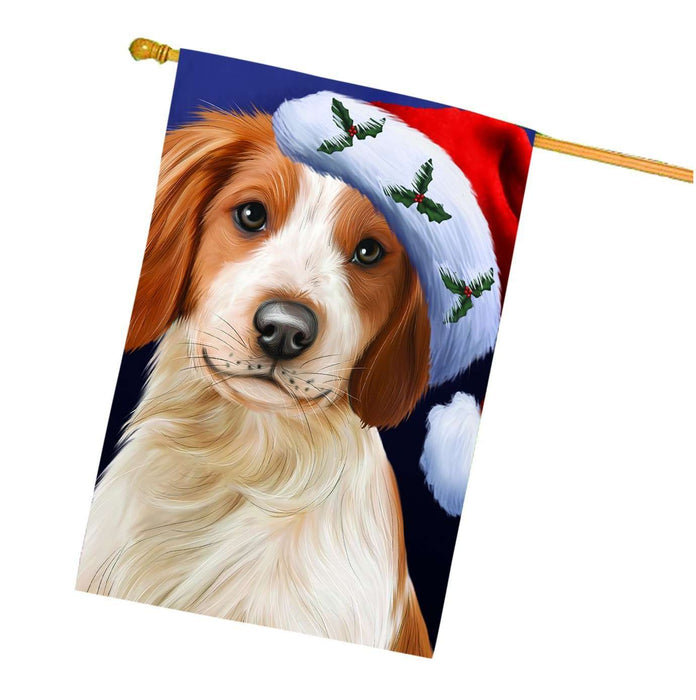 Christmas Brittany Spaniel Dog Holiday Portrait with Santa Hat House Flag