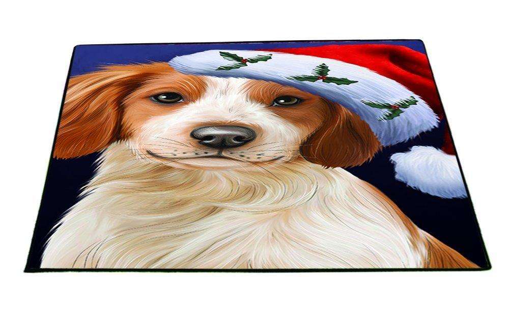 Christmas Brittany Spaniel Dog Holiday Portrait with Santa Hat Indoor/Outdoor Floormat