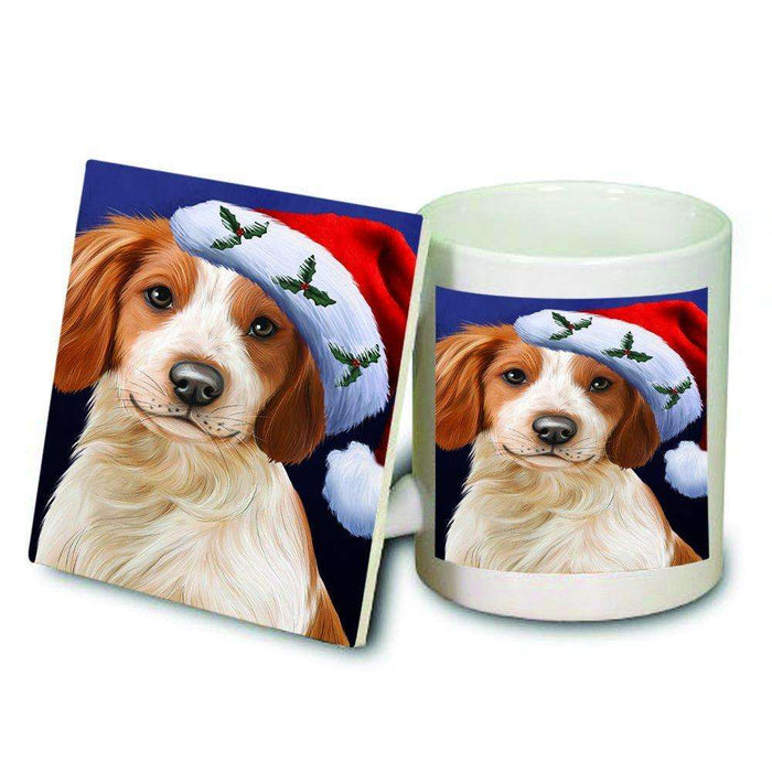 Christmas Brittany Spaniel Dog Holiday Portrait with Santa Hat Mug and Coaster Set