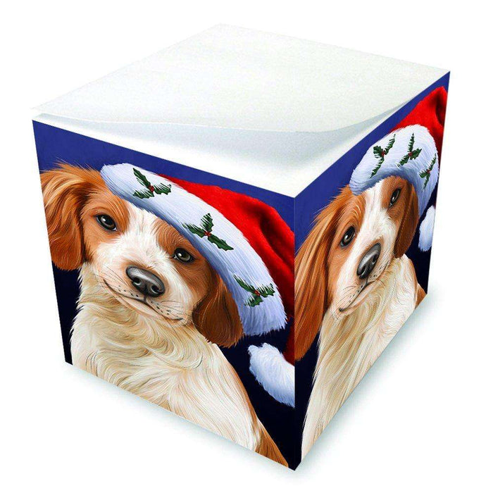 Christmas Brittany Spaniel Dog Holiday Portrait with Santa Hat Note Cube D004