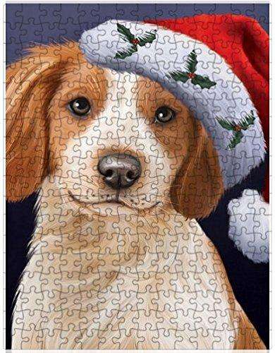 Christmas Brittany Spaniel Dog Holiday Portrait with Santa Hat Puzzle with Photo Tin D004