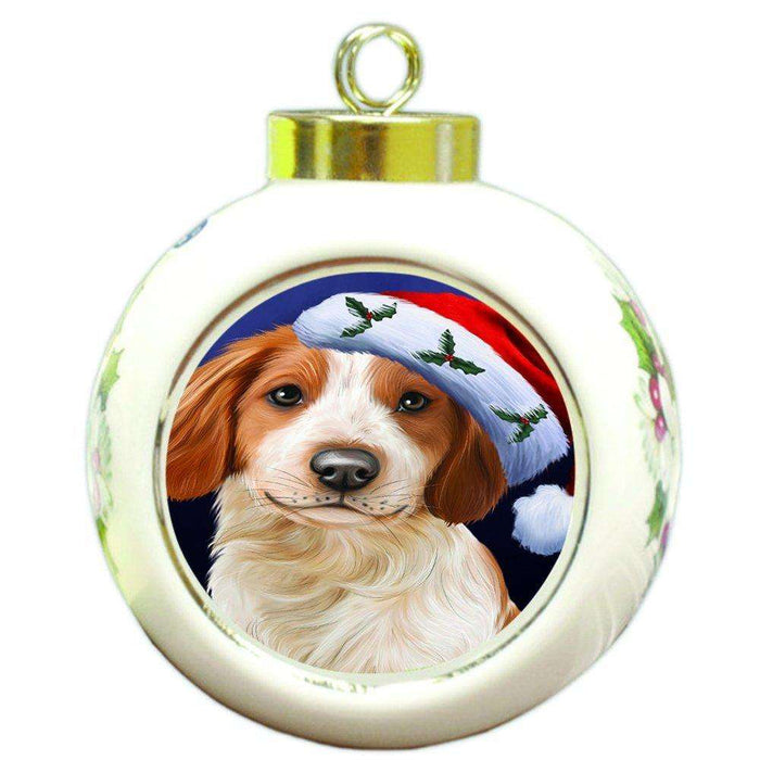 Christmas Brittany Spaniel Dog Holiday Portrait with Santa Hat Round Ball Ornament D008
