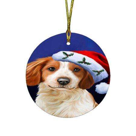 Christmas Brittany Spaniel Dog Holiday Portrait with Santa Hat Round Ornament D008
