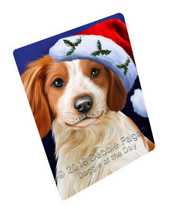 Christmas Brittany Spaniel Dog Holiday Portrait with Santa Hat Tempered Cutting Board (Small)