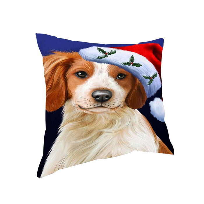 Christmas Brittany Spaniel Dog Holiday Portrait with Santa Hat Throw Pillow