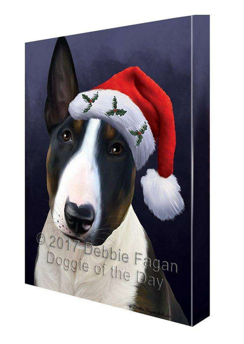 Christmas Bull Terrier Dog Holiday Portrait with Santa Hat Canvas Wall Art