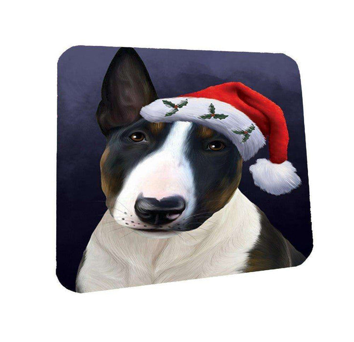 Christmas Bull Terrier Dog Holiday Portrait with Santa Hat Coasters Set of 4
