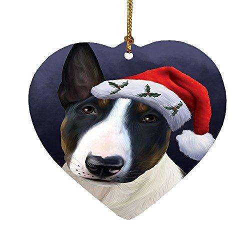 Christmas Bull Terrier Dog Holiday Portrait with Santa Hat Heart Ornament