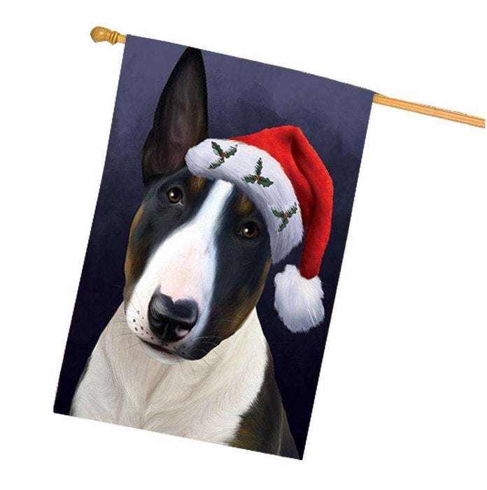 Christmas Bull Terrier Dog Holiday Portrait with Santa Hat House Flag