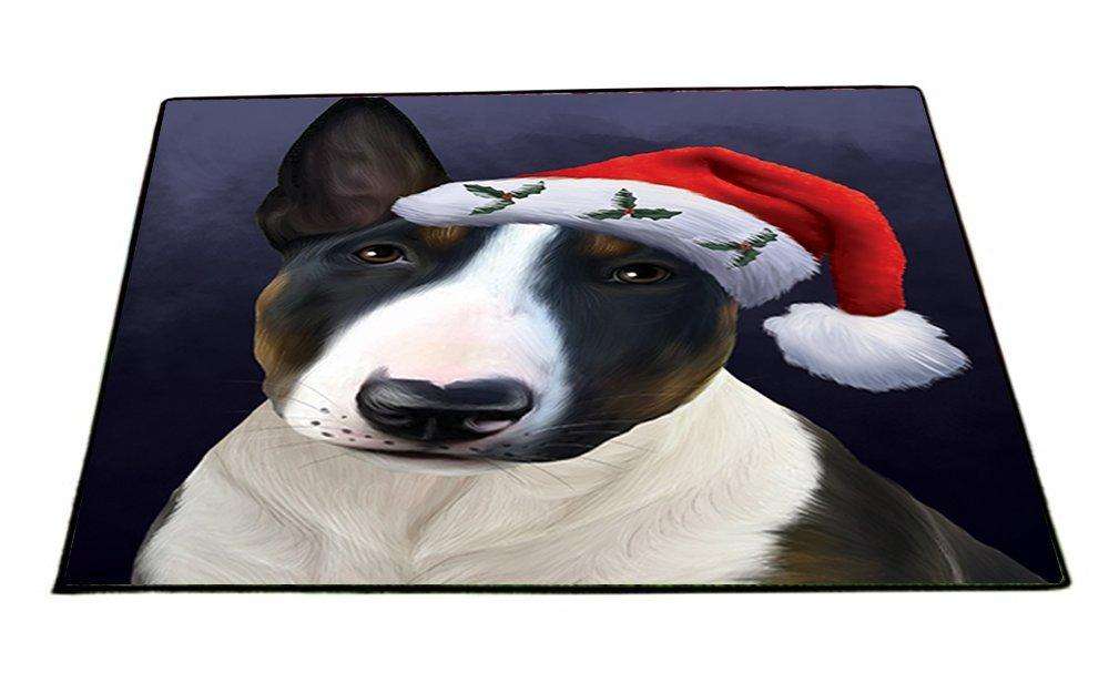 Christmas Bull Terrier Dog Holiday Portrait with Santa Hat Indoor/Outdoor Floormat