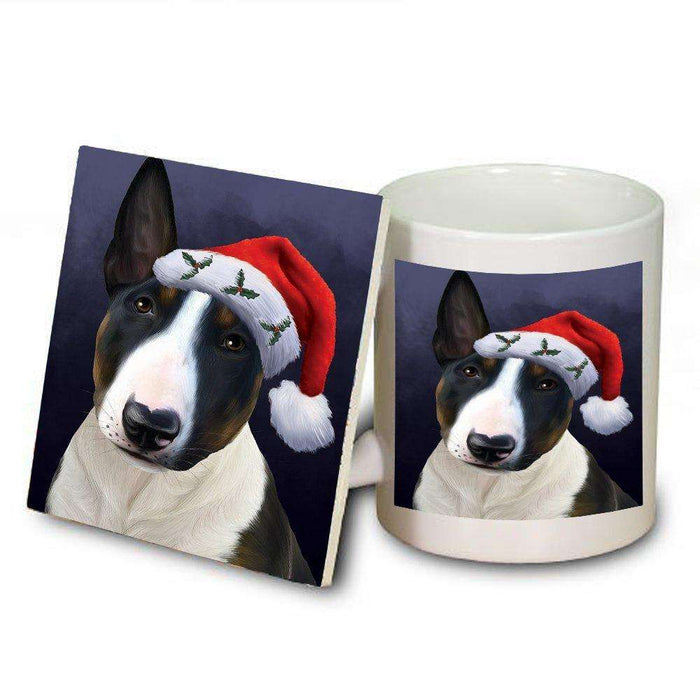 Christmas Bull Terrier Dog Holiday Portrait with Santa Hat Mug and Coaster Set