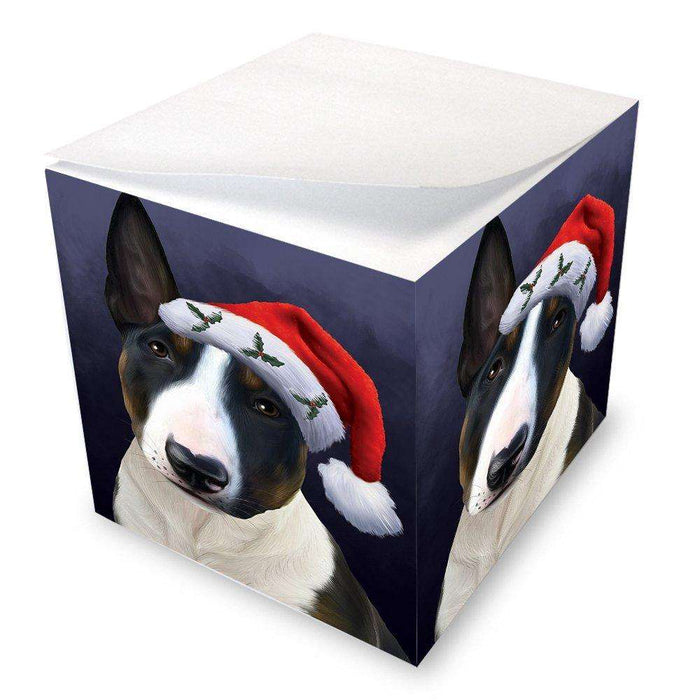 Christmas Bull Terrier Dog Holiday Portrait with Santa Hat Note Cube D463