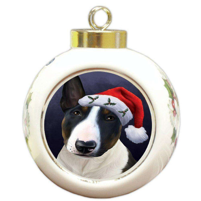 Christmas Bull Terrier Dog Holiday Portrait with Santa Hat Round Ball Ornament