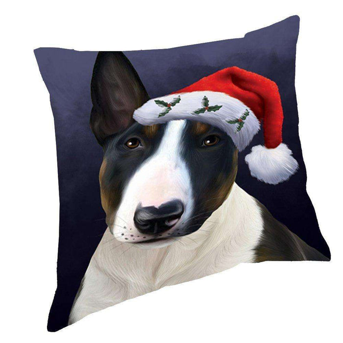Christmas Bull Terrier Dog Holiday Portrait with Santa Hat Throw Pillow