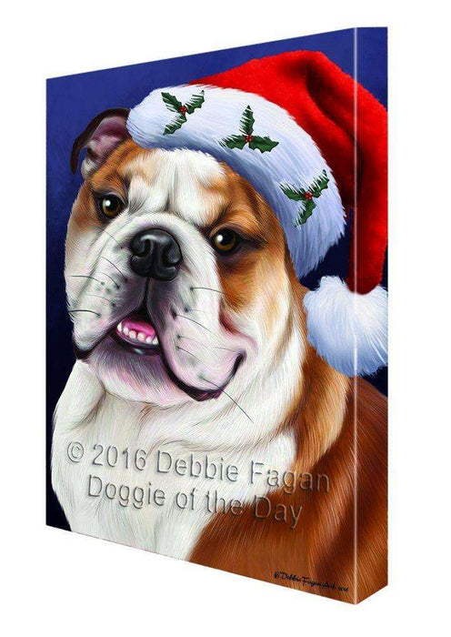 Christmas Bulldogs Dog Holiday Portrait with Santa Hat Canvas Wall Art D011