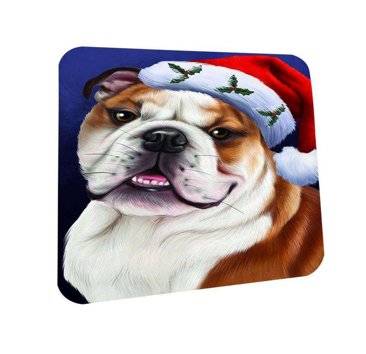 Christmas Bulldogs Dog Holiday Portrait with Santa Hat Coasters Set of 4
