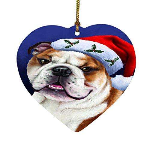 Christmas Bulldogs Dog Holiday Portrait with Santa Hat Heart Ornament D025
