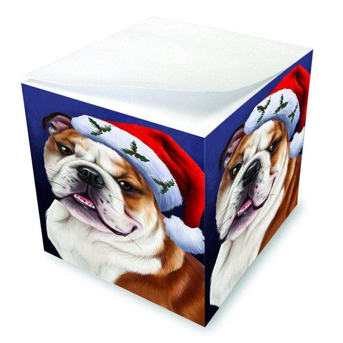 Christmas Bulldogs Dog Holiday Portrait with Santa Hat Note Cube D021