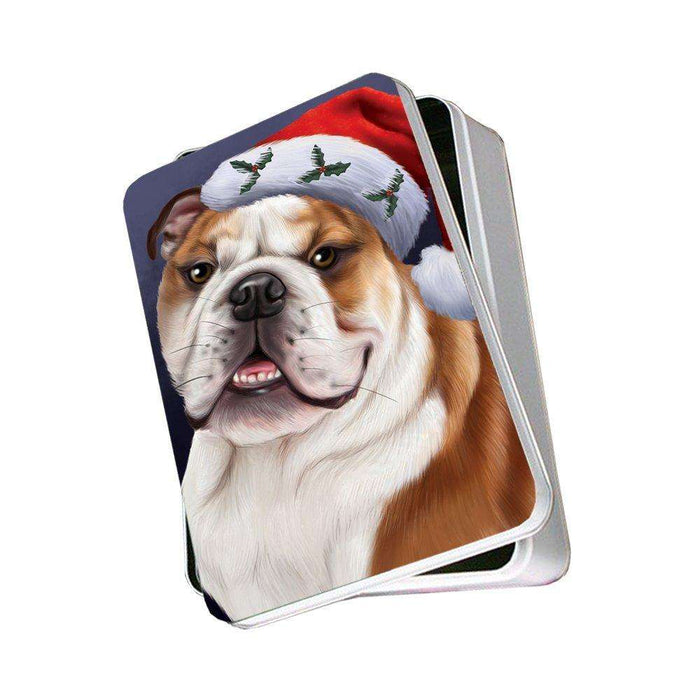 Christmas Bulldogs Dog Holiday Portrait with Santa Hat Photo Storage Tin