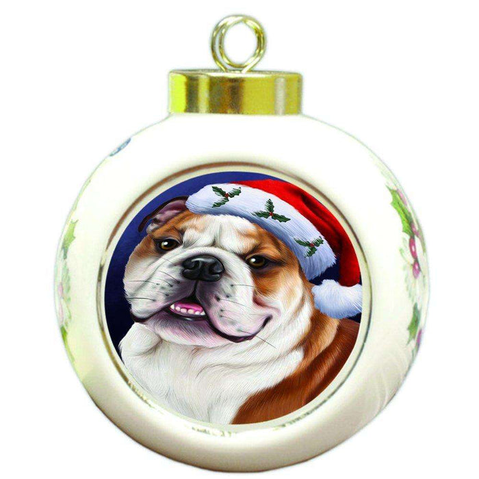 Christmas Bulldogs Dog Holiday Portrait with Santa Hat Round Ball Ornament D025
