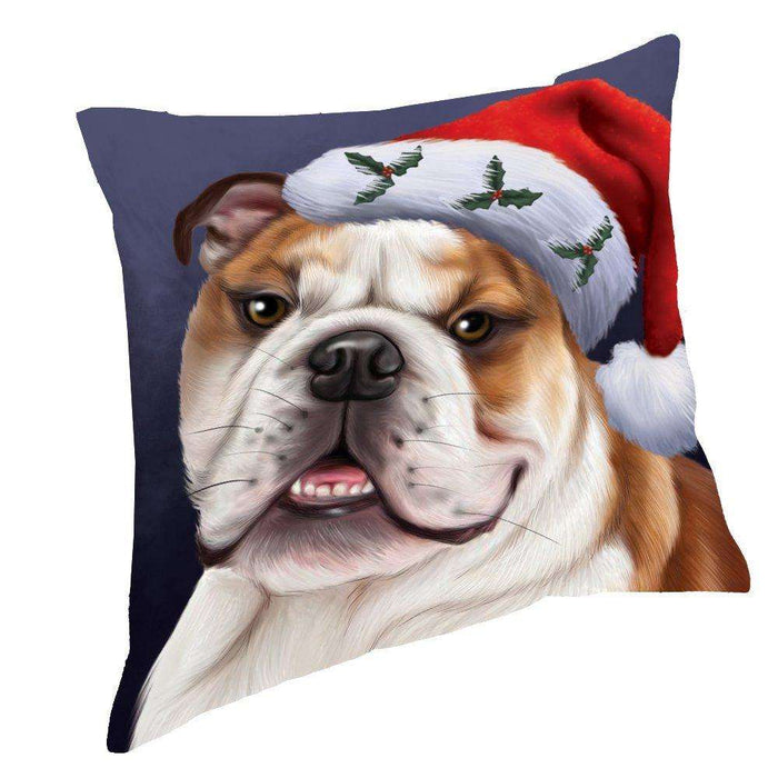 Christmas Bulldogs Dog Holiday Portrait with Santa Hat Throw Pillow