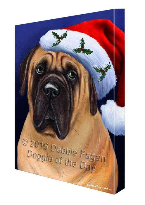 Christmas Bullmastiff Dog Holiday Portrait with Santa Hat Canvas Wall Art