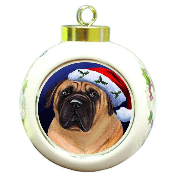 Christmas Bullmastiff Dog Holiday Portrait with Santa Hat Round Ball Ornament D009