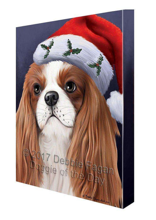 Christmas Cavalier King Charles Spaniel Dog Holiday Portrait with Santa Hat Canvas Wall Art