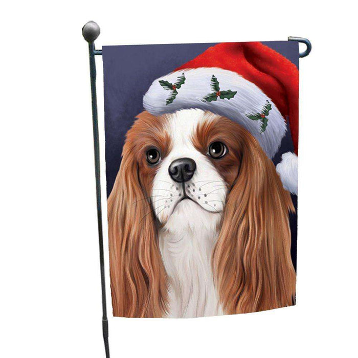 Christmas Cavalier King Charles Spaniel Dog Holiday Portrait with Santa Hat Garden Flag