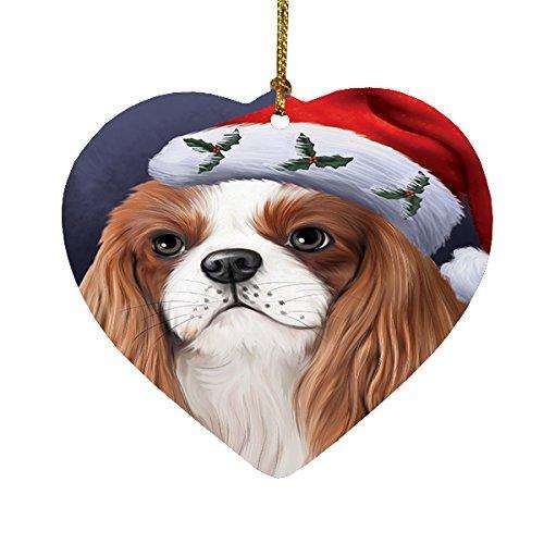 Christmas Cavalier King Charles Spaniel Dog Holiday Portrait with Santa Hat Heart Ornament