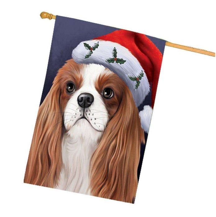 Christmas Cavalier King Charles Spaniel Dog Holiday Portrait with Santa Hat House Flag
